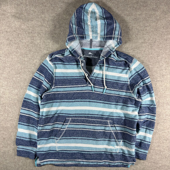 Tommy Bahama Mens Medium Hoodie Blue 1/4 Button Knit Fleece Lined Pocket Relax - Picture 1 of 7